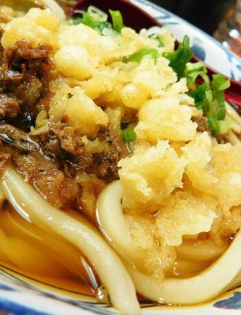 Udon noodles with beef and tempura in broth.