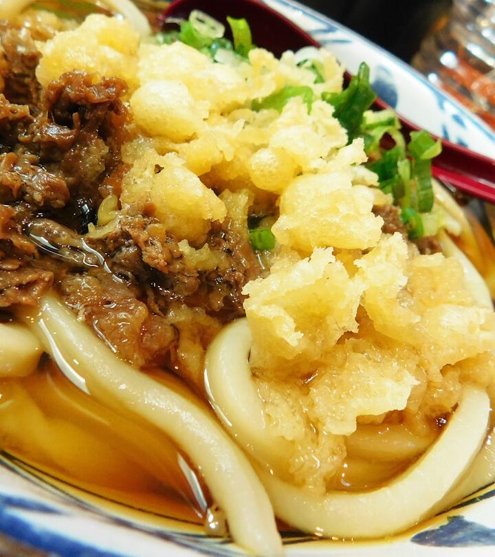 Udon noodles with beef and tempura in broth.