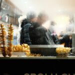 Fried potato spirals displayed at a food stall