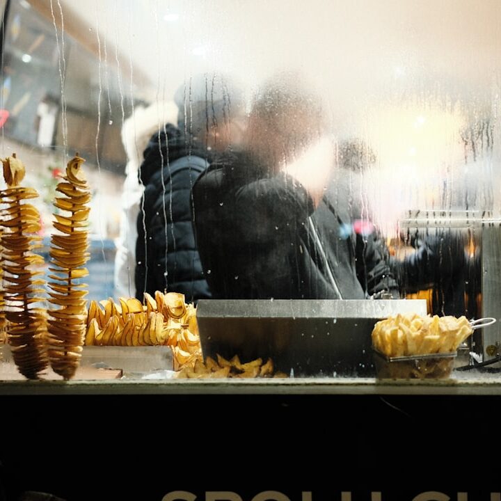 Fried potato spirals displayed at a food stall