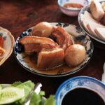 Braised pork belly with eggs and side dishes