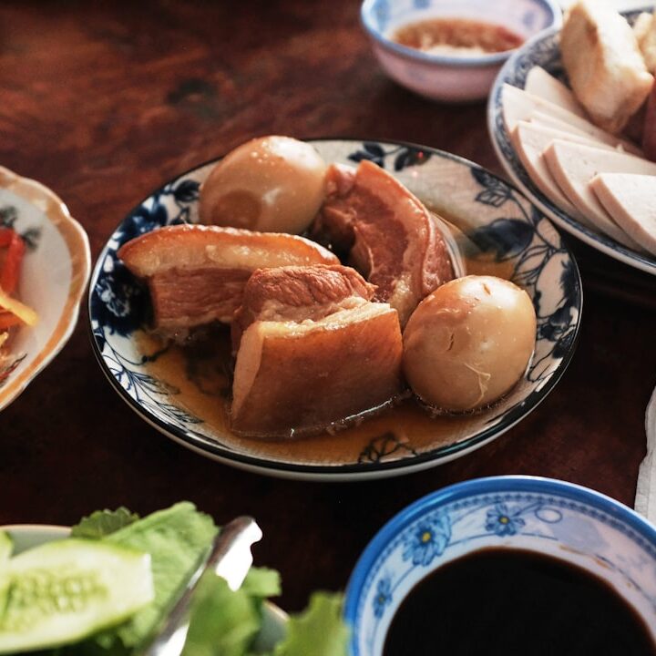 Braised pork belly with eggs and side dishes