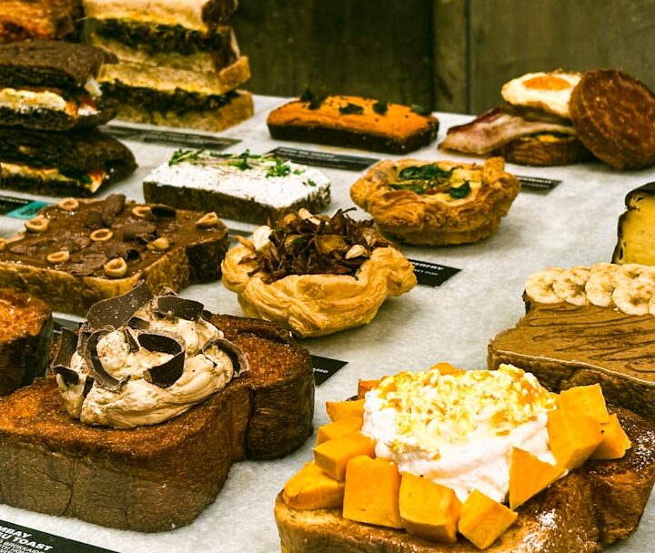Delicious pastries are on display at a bakery.